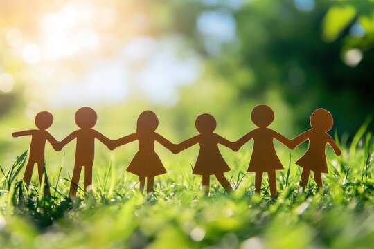 A group of paper cutouts of people holding hands in a grassy field under a bright sun, creating a silhouette effect.