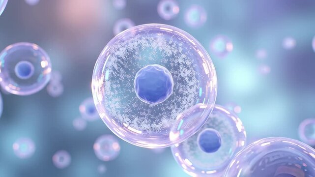 Fertilization Process Concept ,Transparent cell nucleus cytoplasm membrane biology science microscopic blue glowing medical research floating