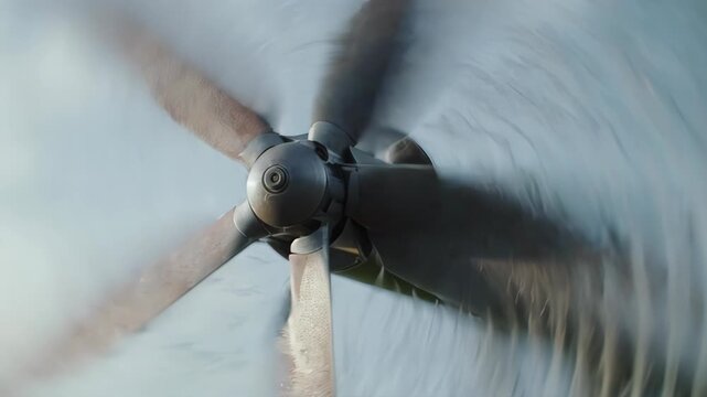 Close-up of a rotating propeller with blurred blades, showing motion