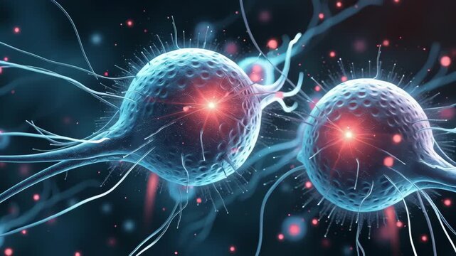 Fertilization Process Concept ,Neural cell neuron synapse science biology medical blue glowing abstract network with neuron nerve cell synapse brain