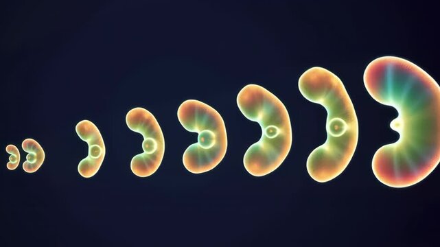 Fertilization Process Concept ,Glowing bean shape abstract colorful gradient dark background futuristic digital sequence evolution symmetry organic