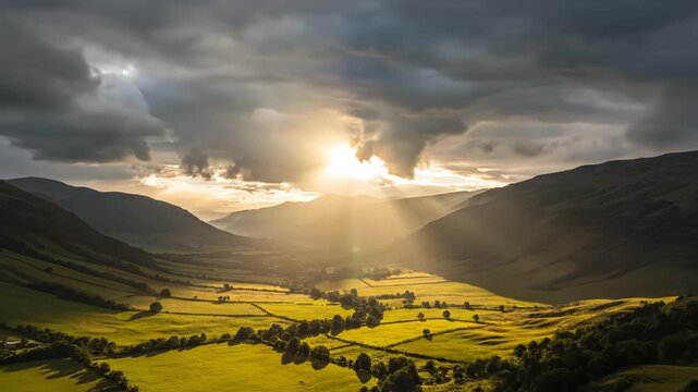 Mountain valley with sun rays through clouds