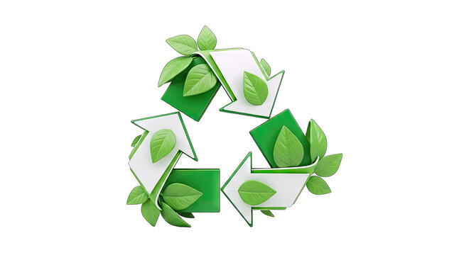 Recycling Symbol with Green Leaves on White Background