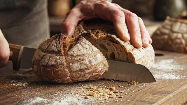 Person cutting a loaf of bread