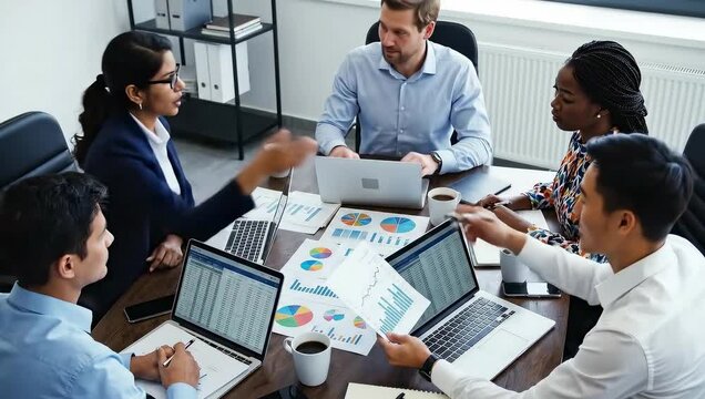 Diverse business team collaborates on financial reports during a meeting around a wooden table with laptops and charts scattered across.