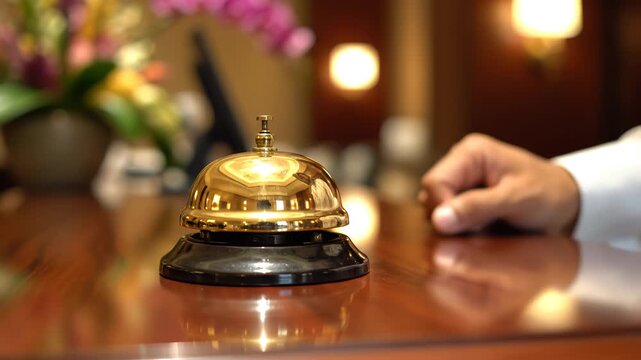 Hand ringing service bell at hotel desk