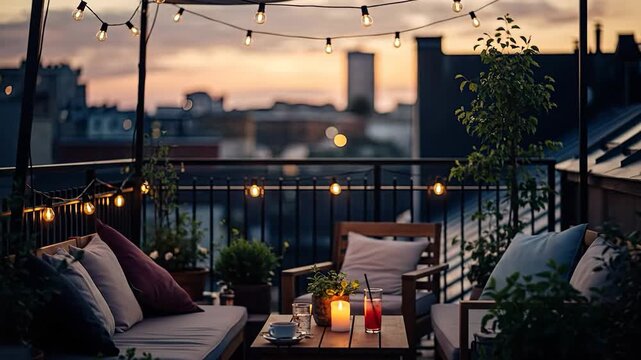 Cozy rooftop patio with string lights  sunset city view.