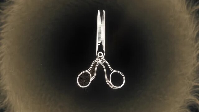 A white line illustration of scissors on a blurred background
