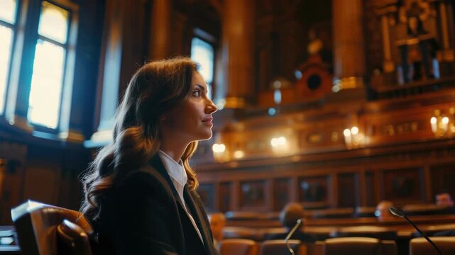 A female lawyer sitting at the bench of a courtroom with her hands on top of it and looking towards the right side.