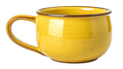 Rustic yellow ceramic coffee mug with speckled glaze and brown rim on a clean for cozy beverage enjoyment on transparent background
