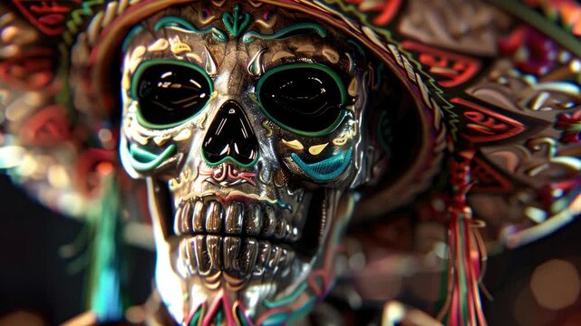 The features a vibrant skull adorned with elements characteristic of traditional Mexican culture. The skull is painted in vivid colors, including shades of blue, green, red, and yellow.