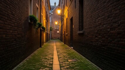 Fototapeta premium Quiet Narrow Alleyway at Night with Warm Lighting.