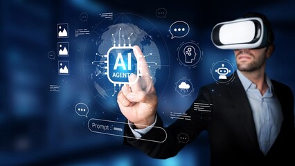Man in Virtual Reality Gear Engaging with AI Interface Over a Digital World Background Displaying Data and Communication Concepts Gluon.