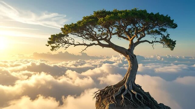 Majestic ancient tree, powerful roots anchored to a rugged cliff, rising above a golden cloudscape at sunrise, symbolizing enduring strength, resilience, and hope