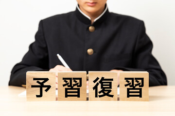 「予習復習」と書かれたブロックと男子学生