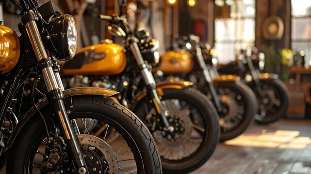 A row of golden motorcycles parked in a well-lit garage with natural light shining through the windows.