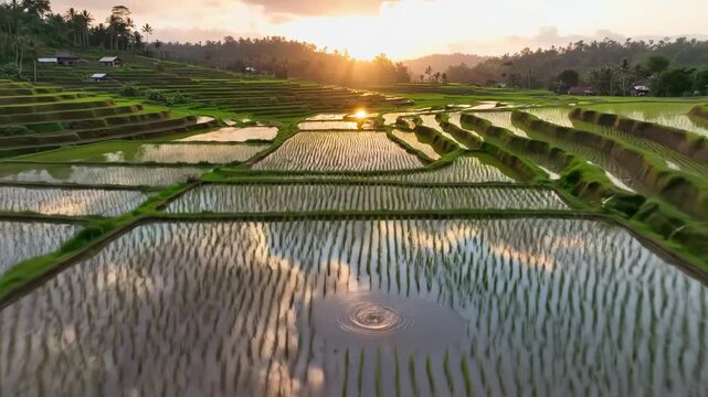 Terraced rice fields at sunset