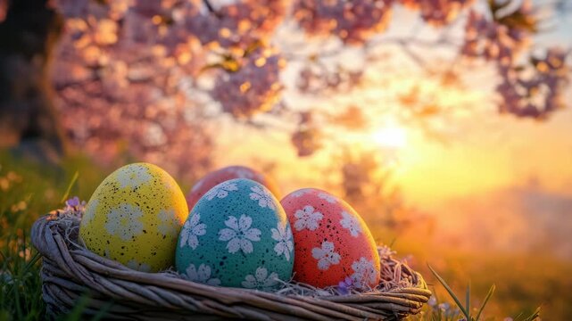 Brightly colored Easter basket filled with vibrant eggs sitting on grass at dusk.