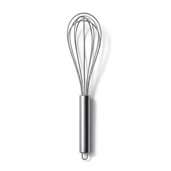 A professional stainless steel metal wire whisk and kitchen cooking utensil isolated on a white background as an essential silver chrome tool for mixing food