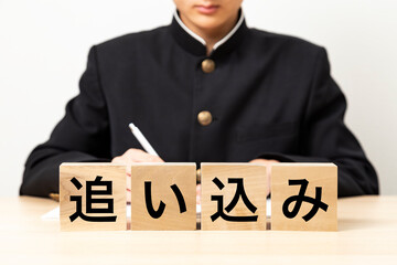 Obraz premium 「追い込み」と書かれたブロックと男子学生