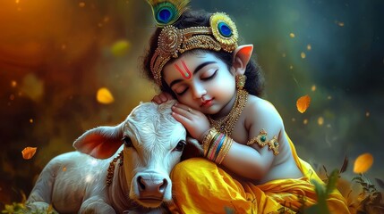 Fototapeta premium Celebrating Janmashtami with Baby Krishna and His Beloved Calf