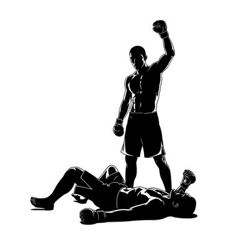 Victorious male MMA fighter raising his arm in triumph over a defeated opponent lying on the ground, isolated white background.
