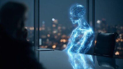 Future Tech Interaction: A businessman engages with a digital avatar in a futuristic office setting, overlooking a city skyline at dusk, exploring the concept of advanced technology integration. - Powered by Adobe