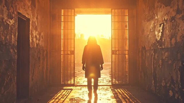 A solitary figure stands at the threshold of a brightly lit doorway, hinting at freedom or a new beginning
