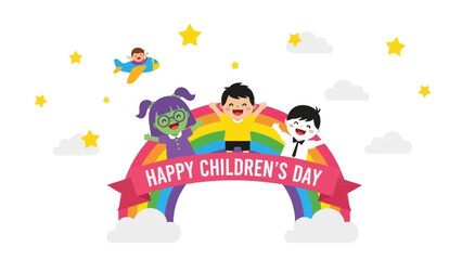 Obraz premium Happy Children's Day celebration with playful kids on a rainbow, stars, and airplane illustration