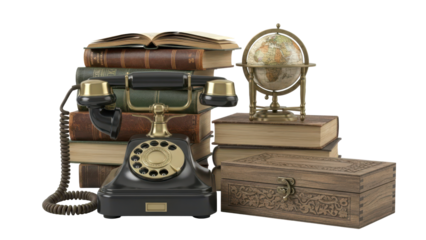 Front view of a vintage inspired rotary dial telephone and other decor items on a table isolated on white background