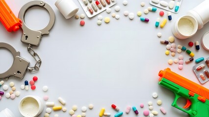 Crime and Drug Addiction Concept Handcuffs Pills Toy Gun on White Background.