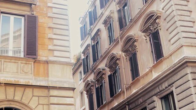 Apartment Buildings On European Street In Old City, Historic Rome Facade View 