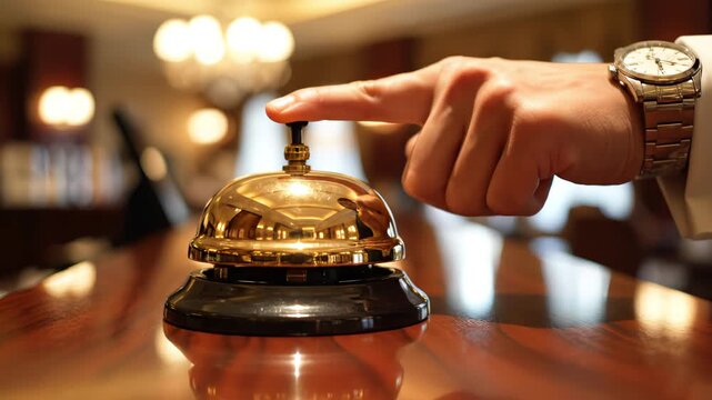 Golden service bell on wooden desk