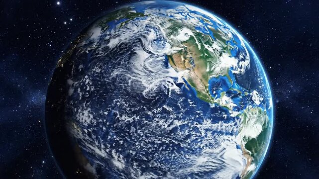 Planet earth view from space showing continents and oceans against starry backdrop