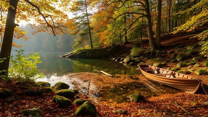 Peaceful autumn forest lake with a rustic wooden rowboat amidst vibrant fall foliage and reflections on the calm water.