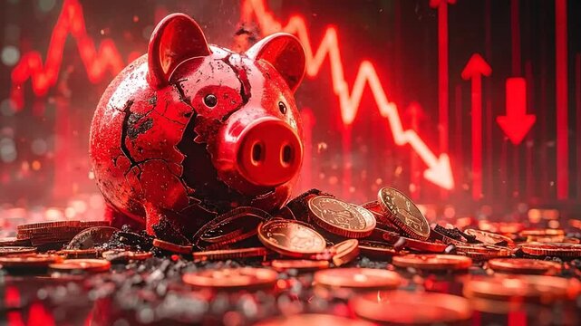 Red piggy bank shattering with coins scattered, symbolizing financial loss and economic downturn with a downward trending graph in the background