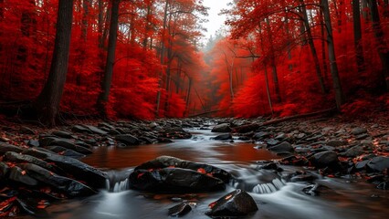 A mystical forest with vibrant red leaves and a flowing stream in autumn.