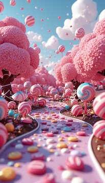 8k 3d wallpaper for mobile colorful candy world with chocolate rivers and lollipop trees