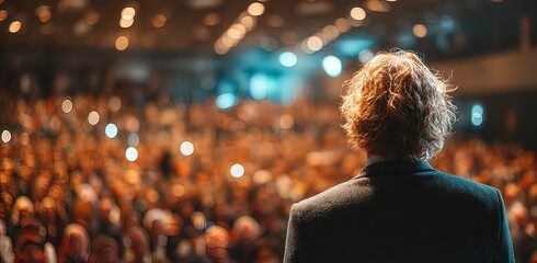 Presenter Presenting Presentation to Audience. Defocused Blurred Conference Meeting People. Lecturer on Stage. Speaker Giving Speech to Audience in Conference Hall Auditorium. Forum for Professionals