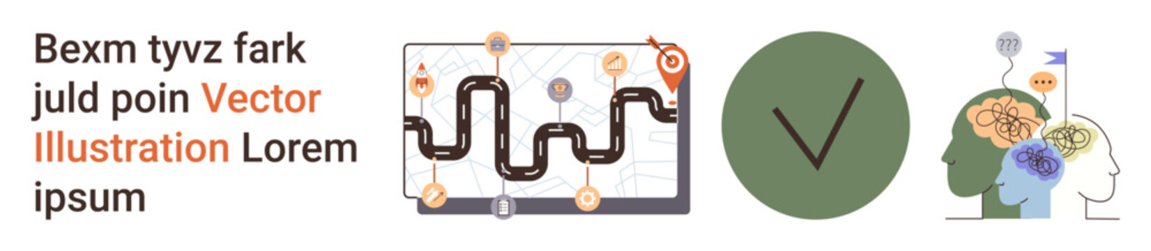 Navigation, approval process, mental health, UX design, problem-solving, cognitive processes. A map on a laptop, a green check mark and brain with gears. Navigation and approval concepts illustrated