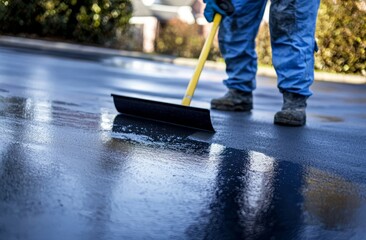 Sealing asphalt driveways using a squeegee applicator tool.