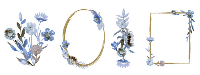 Rustic Blue Watercolor Floral Frame Set, Gold Geometric and Botanical Borders