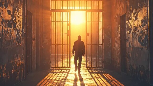 A person's silhouette steps through an open prison gate into a blinding light, representing hope, freedom, and a new chapter after release from confinement