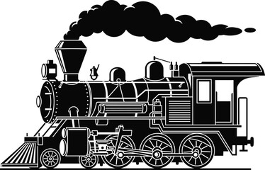 Steam locomotive train silhouette vector illustration, vintage railway engine with smoke and mechanical details, classic transportation design in black and white style © Samol