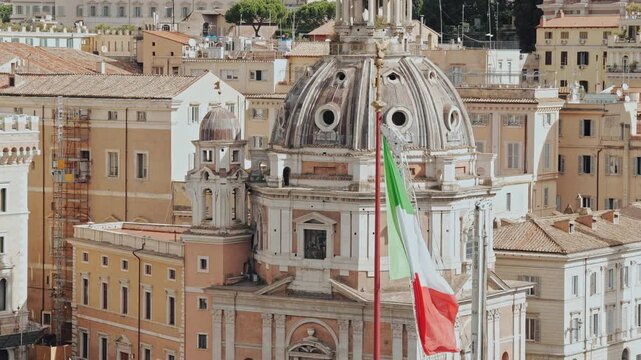Italian Flag Waving Near Santissimo Nome di Maria Church Dome in Rome