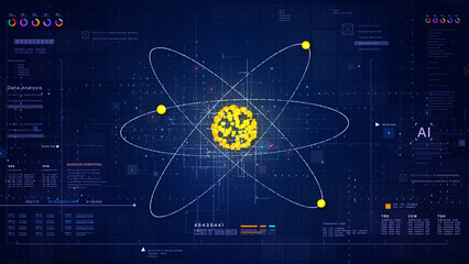 Futuristic atomic particle core with digital HUD data display. Advanced AI quantum computing concept for science research, high-tech engineering, and deep learning analytics. 3D Rendering