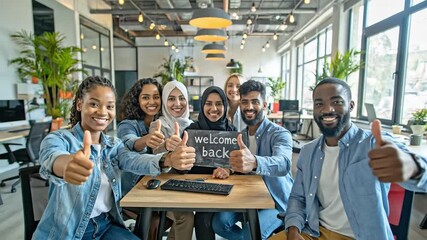 Diverse and Enthusiastic Business Team Gives Thumbs Up, Expressing Warm Welcome Back to Colleagues in a Modern Office Environment