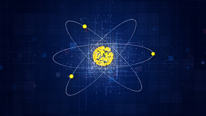 Quantum computing processor with AI data analysis HUD interface. Digital wireframe technology for big data, machine learning, and advanced science research in cyberspace background. 3D Rendering