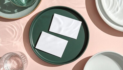 Overhead shot of blank cards, glassware, and plates, with shadows, on pink surface