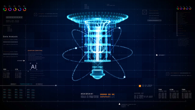 Futuristic quantum computer processor wireframe with AI data analysis interface. Digital HUD technology background for science, big data, and neural networks. 3D Rendering - Powered by Adobe